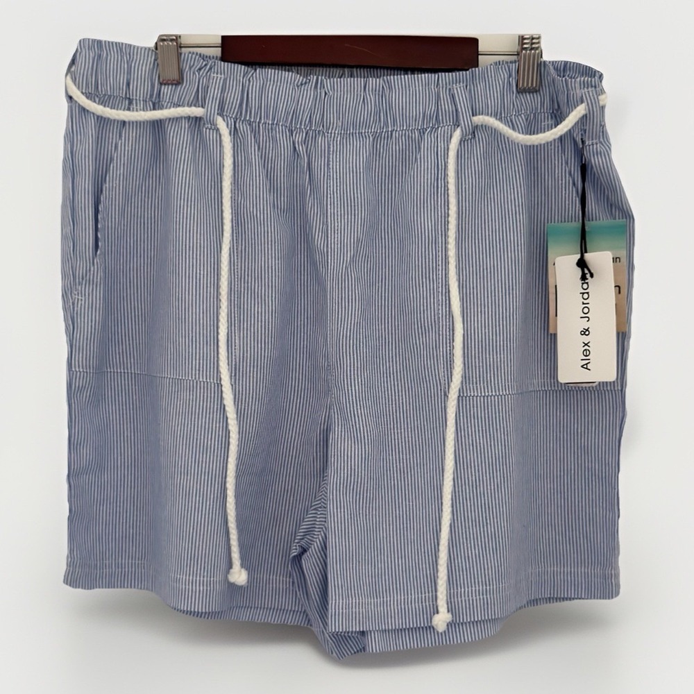 ALEX & JORDAN Shorts Women L Blue White Strips Rope Belt Pockets Linen Blend NEW
